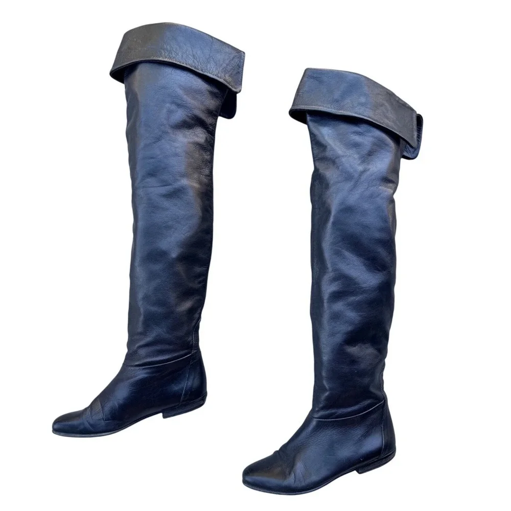 Black Leather Over The Knee Thigh High Fold Over Cuff Flat Boots Women Tall Sz 6